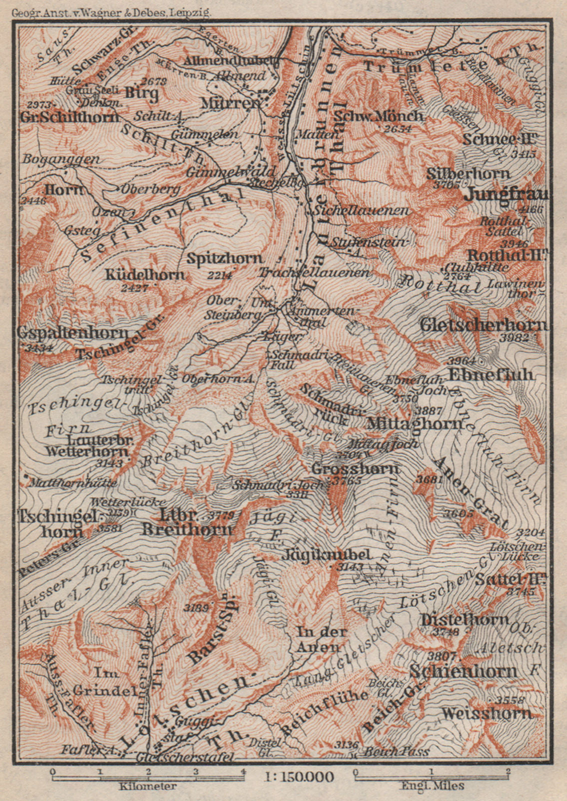UPPER LAUTERBRUNNEN VALLEY/WALL. Grosshorn Breithorn Jungfrau. SMALL 1899 map
